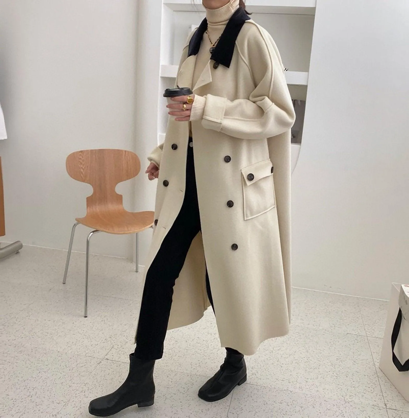 Loose Double Breasted Wool Blend Long Coat