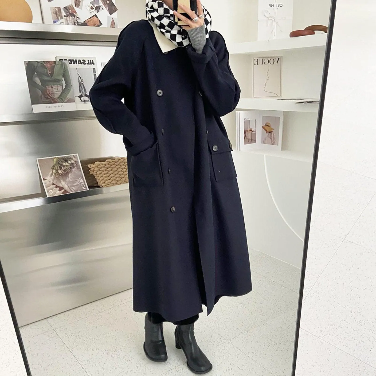 Loose Double Breasted Wool Blend Long Coat