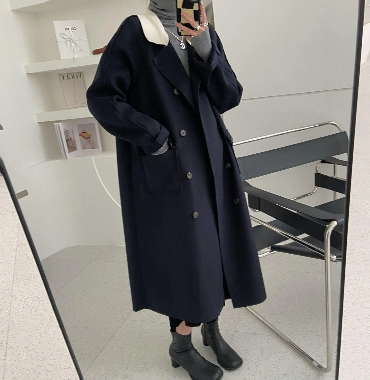 Loose Double Breasted Wool Blend Long Coat