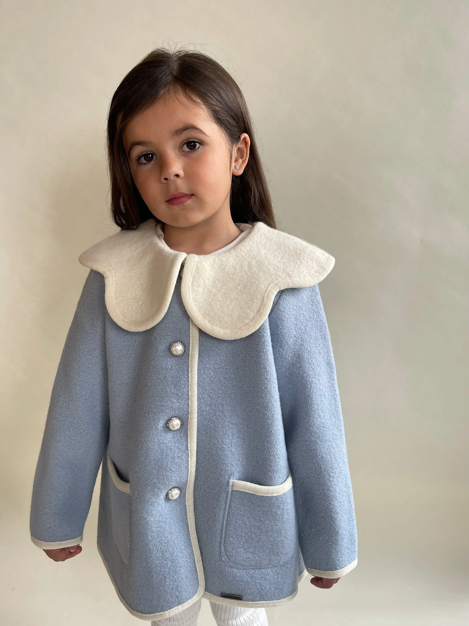 Marae Blue Merino Wool Coat with Scalloped Collar