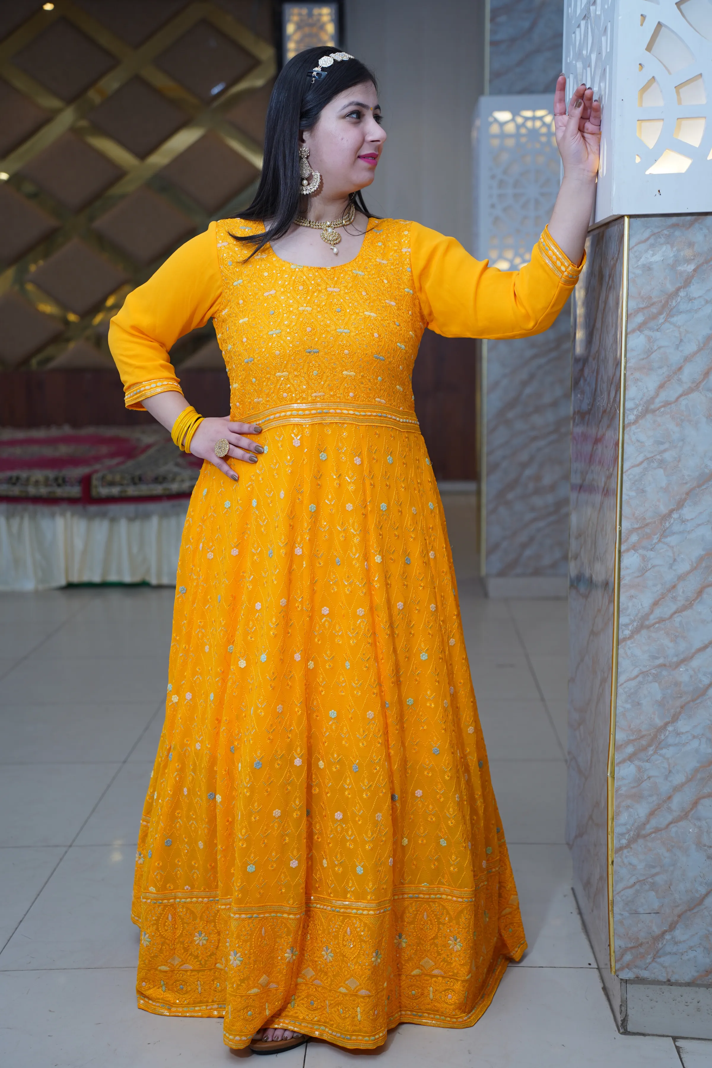 Marigold Glow Georgette Dress with Dupatta