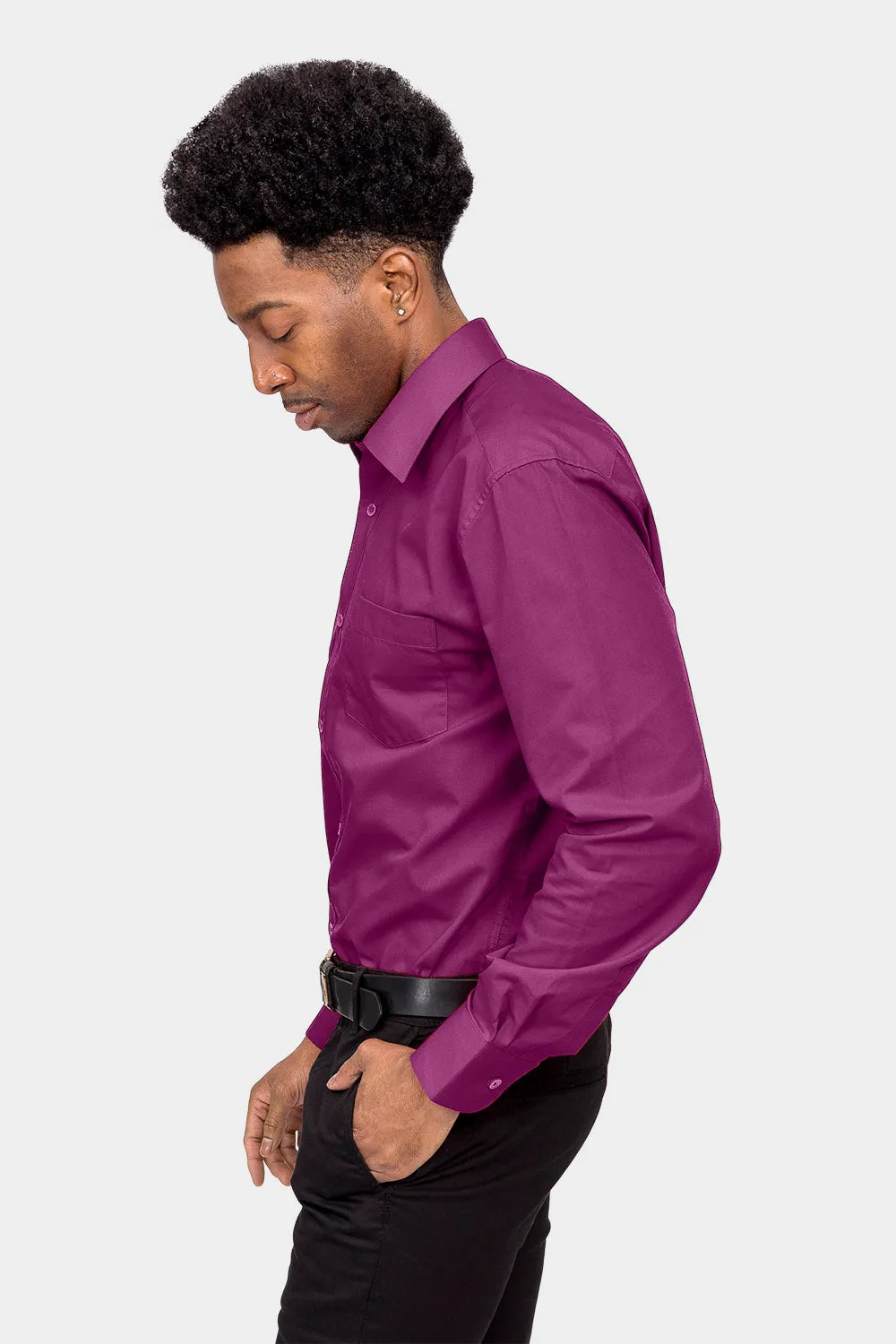 Men's Basic Solid Color Button Up Dress Shirt (Wine)