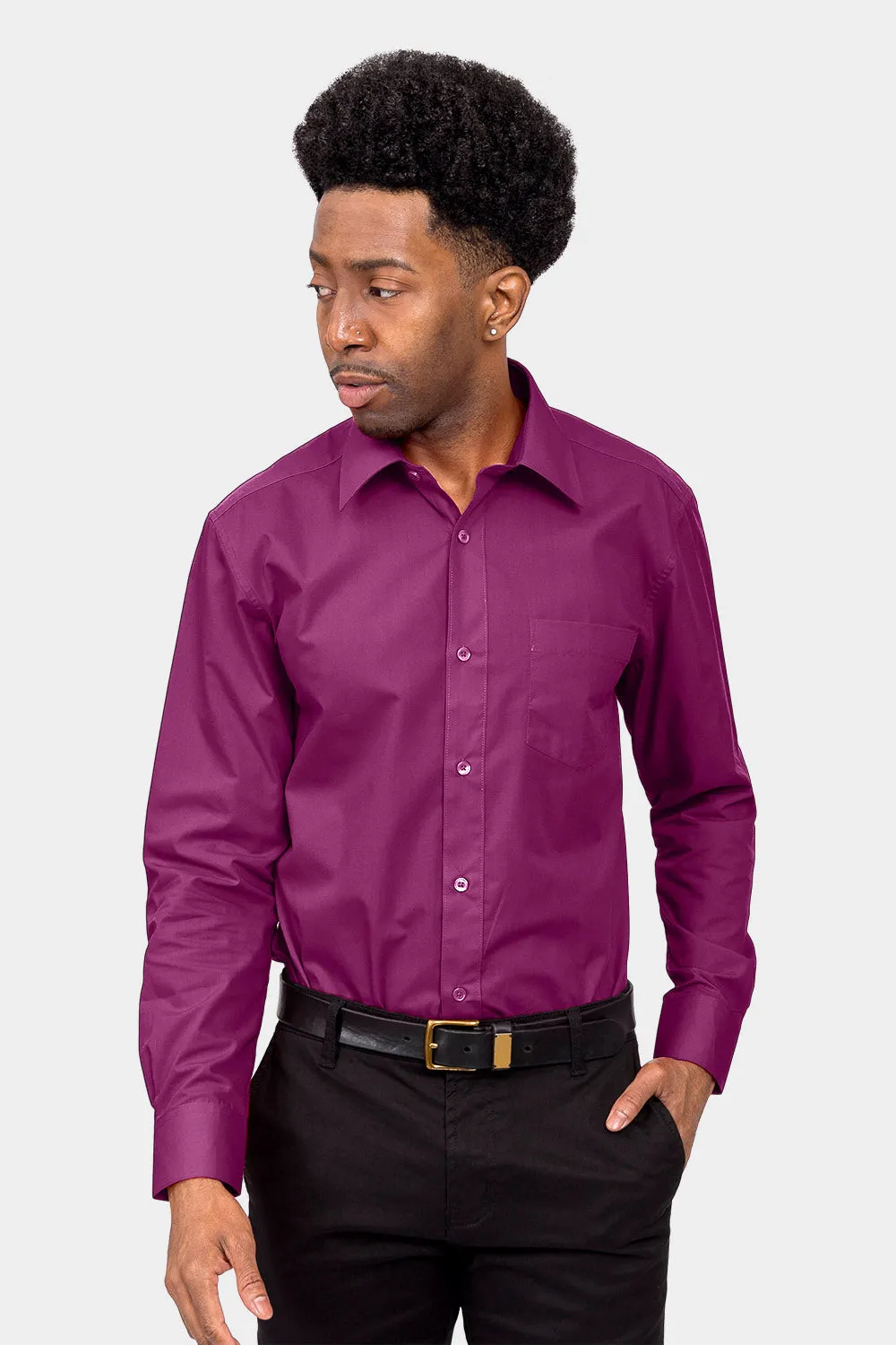 Men's Basic Solid Color Button Up Dress Shirt (Wine)