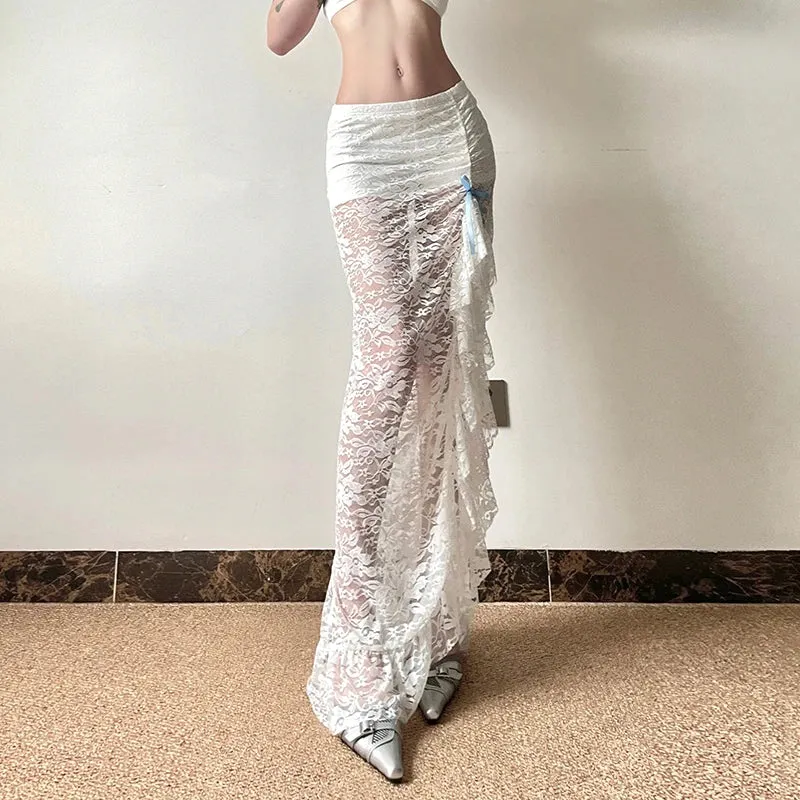 Metaversmall Asymmetrical Fashion White Lace Skirt Women Bow Ruffles See Through Split Korean Style Party Long Skirt Sexy Bottoms