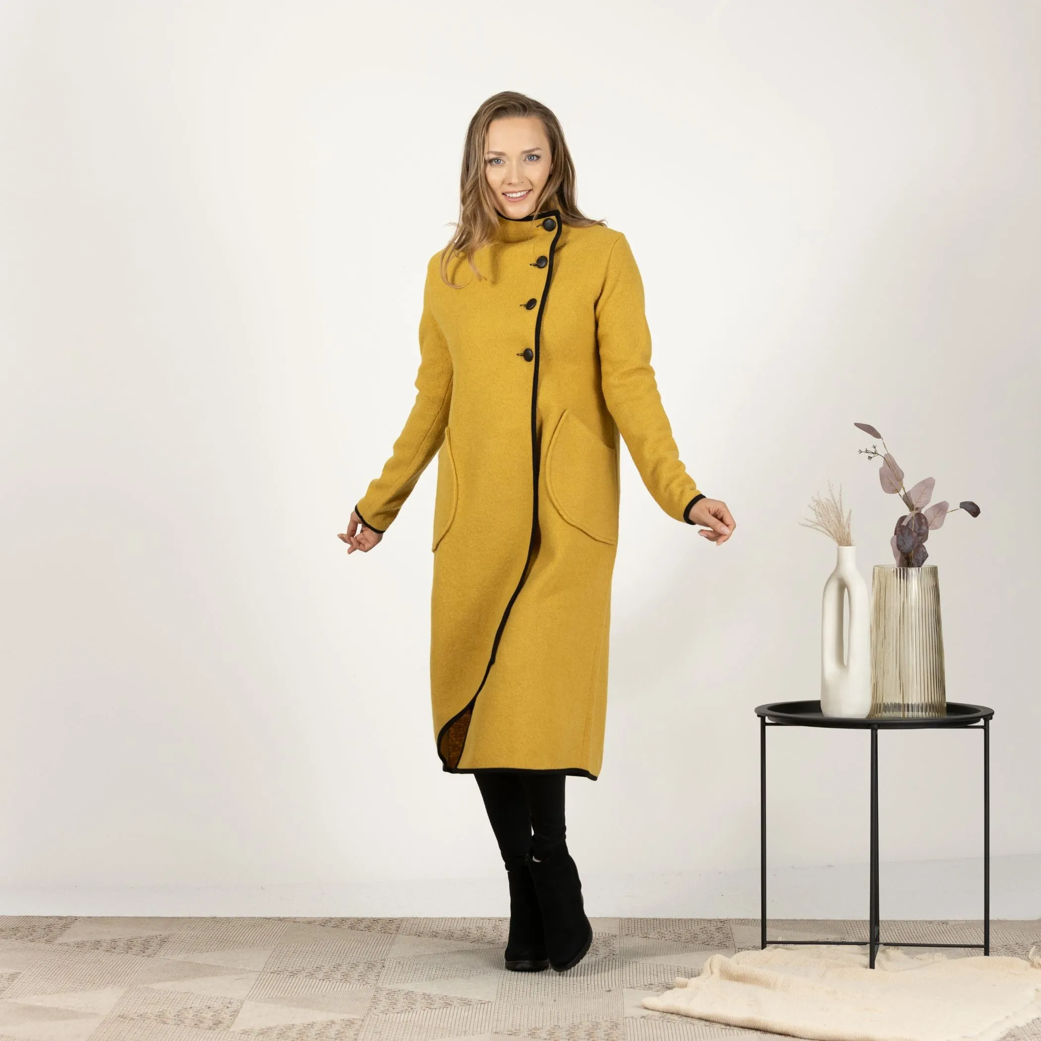 Mustard Boiled Wool Coat with Pockets