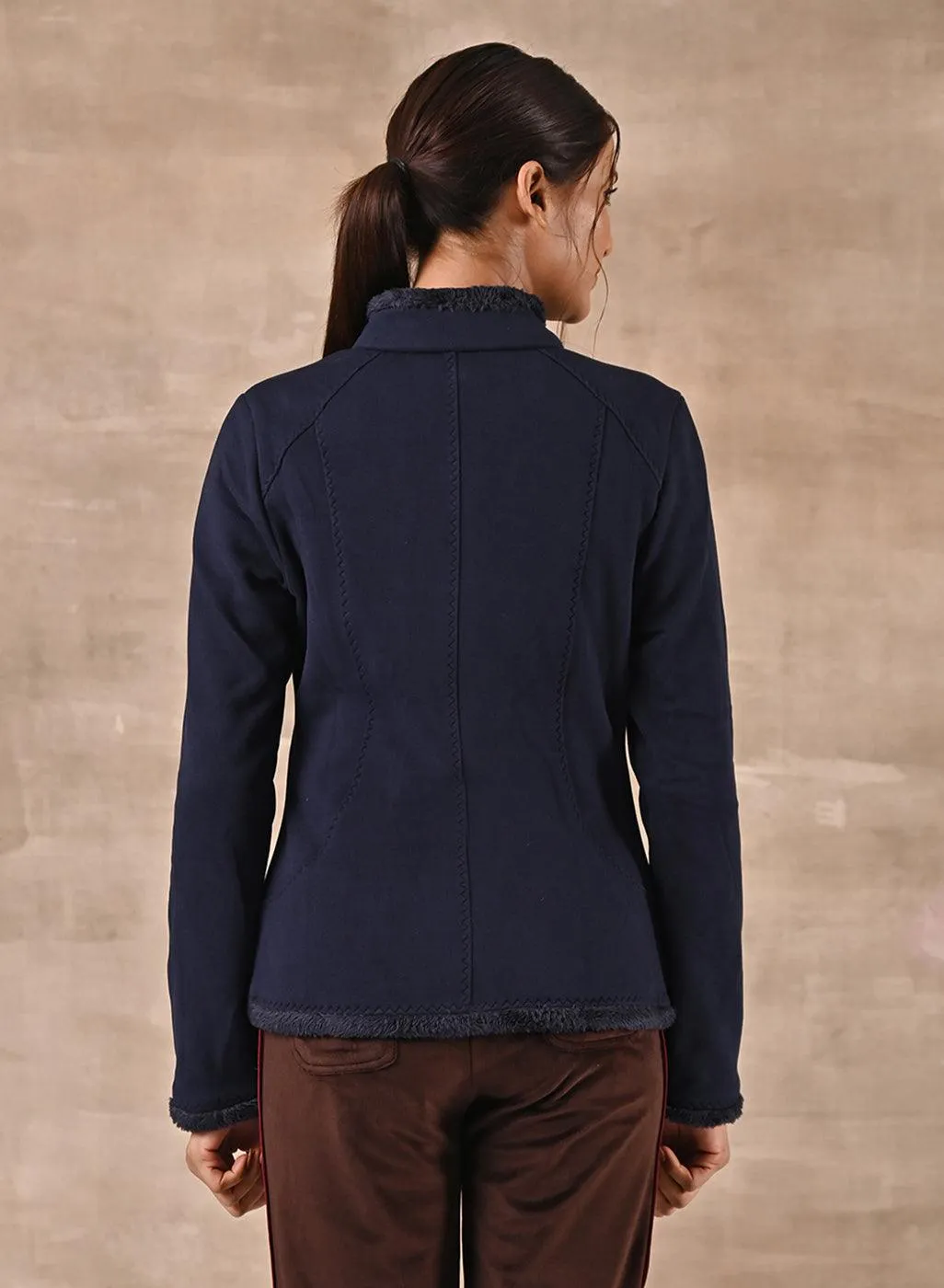 Navy Blue High-neck Jacket with Fur Details