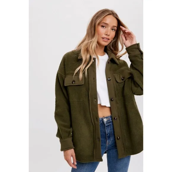 Olive Green Button Front Fleece Jacket W/ Elbow Patches & Pockets Winter Shacket