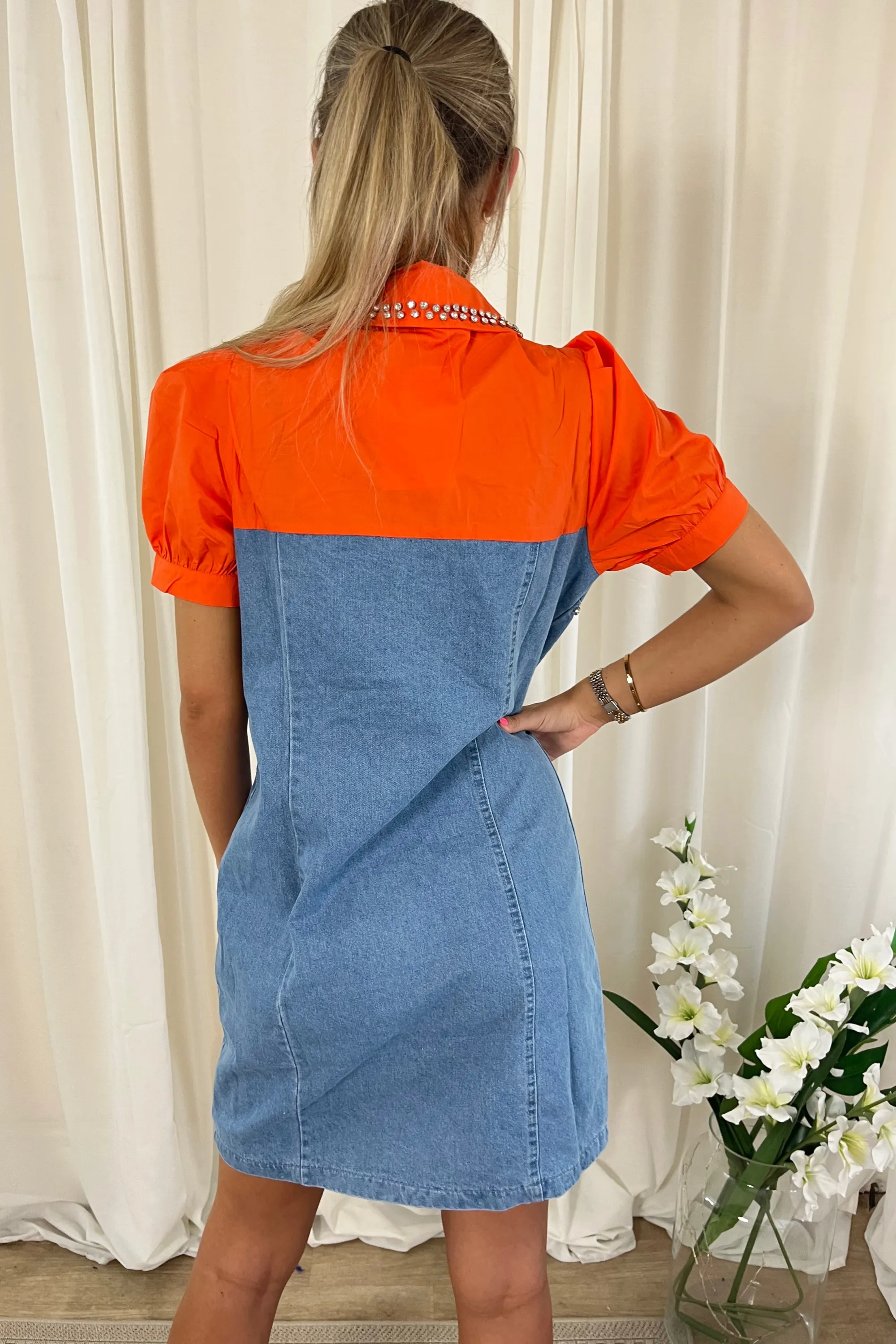 Orange Denim Diamante Dress