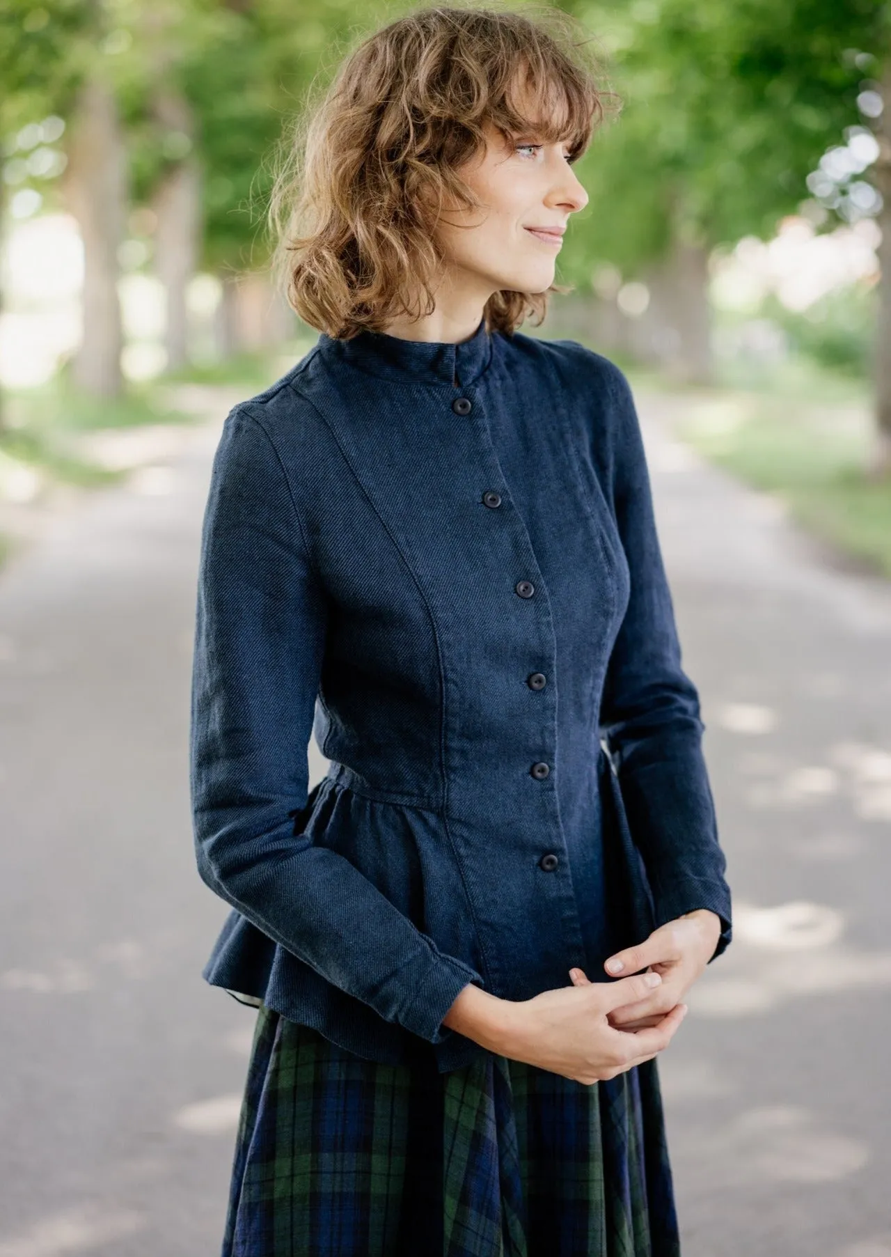 Peplum Jacket, Long Sleeve, Twill Linen, Night Navy