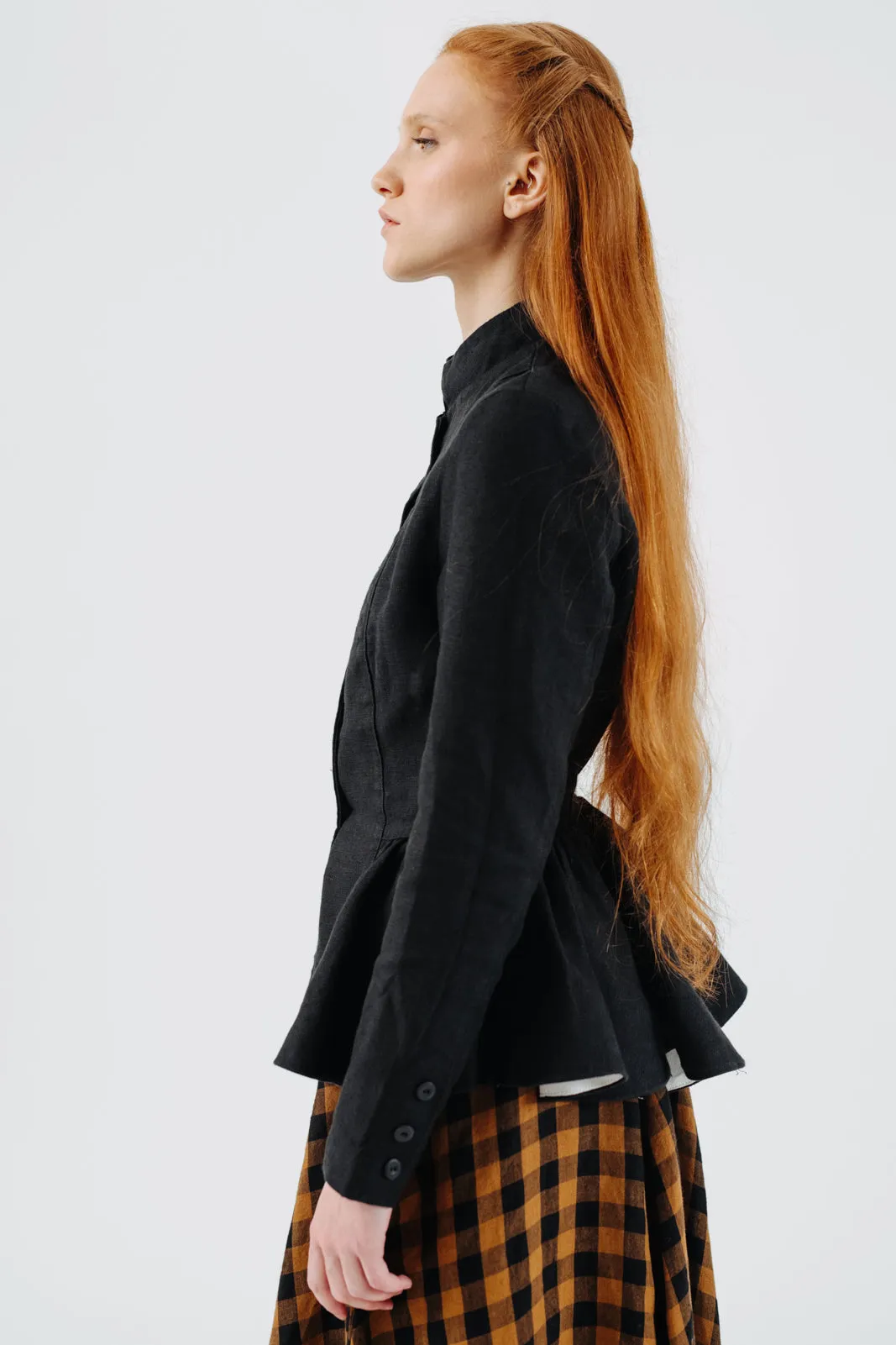 Peplum Jacket, Twill Linen, Black Pansy