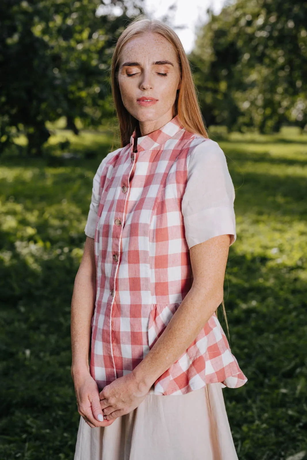 Peplum Vest, Sleeveless, Pink Checkers