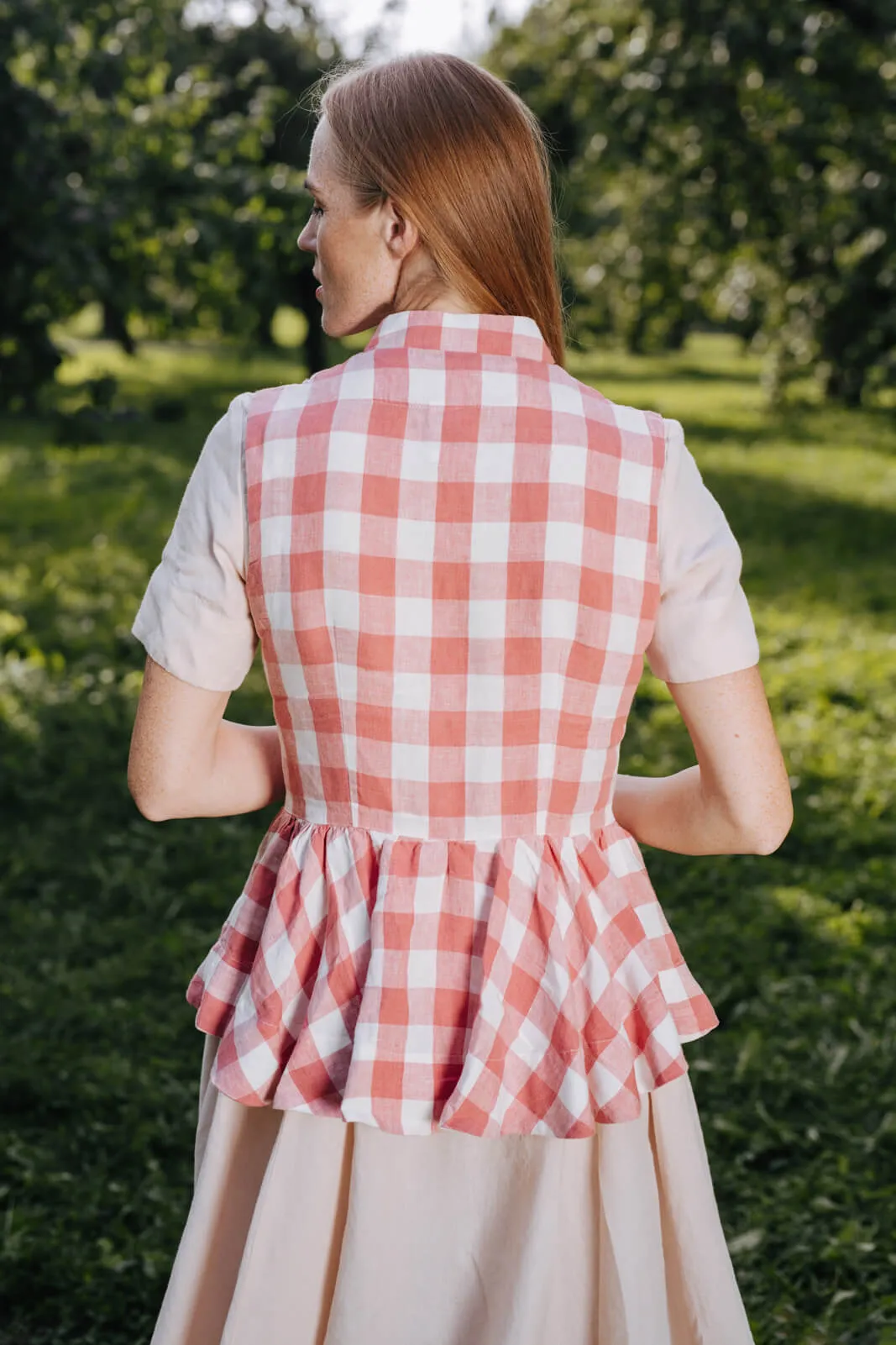 Peplum Vest, Sleeveless, Pink Checkers