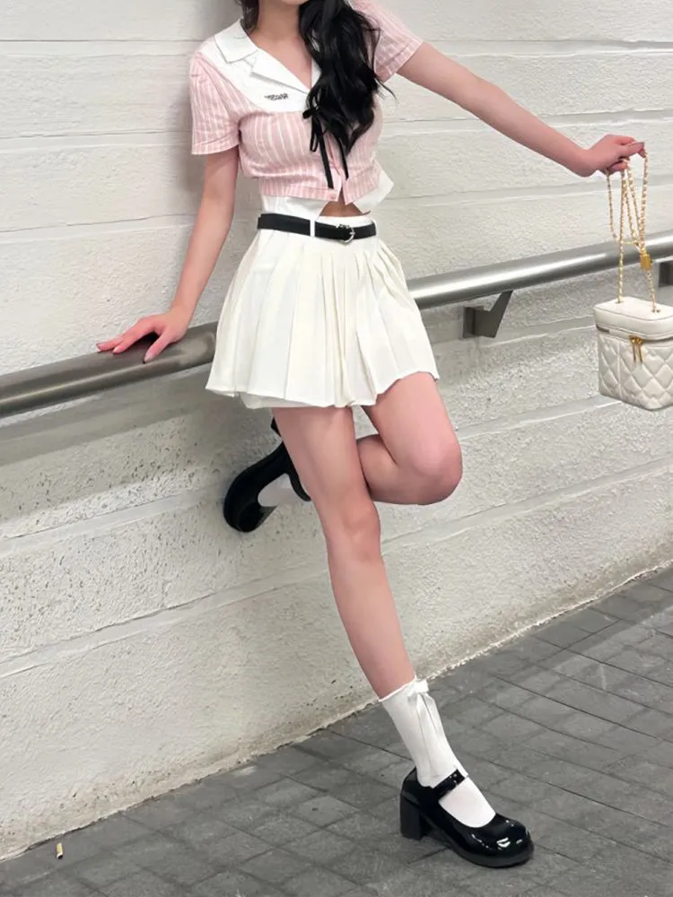 Pink shirt   high waist skirt PL53334