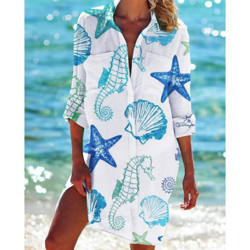 Printed Long Sleeve Beach Shirt Dress