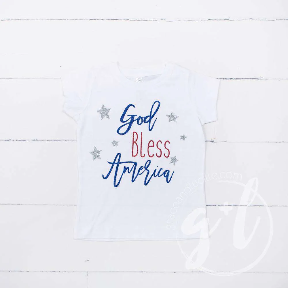 "God Bless America" 4th of July Tee Shirt Outfit &  White Sequin Bow on Red Two-in-One Headband/Belt