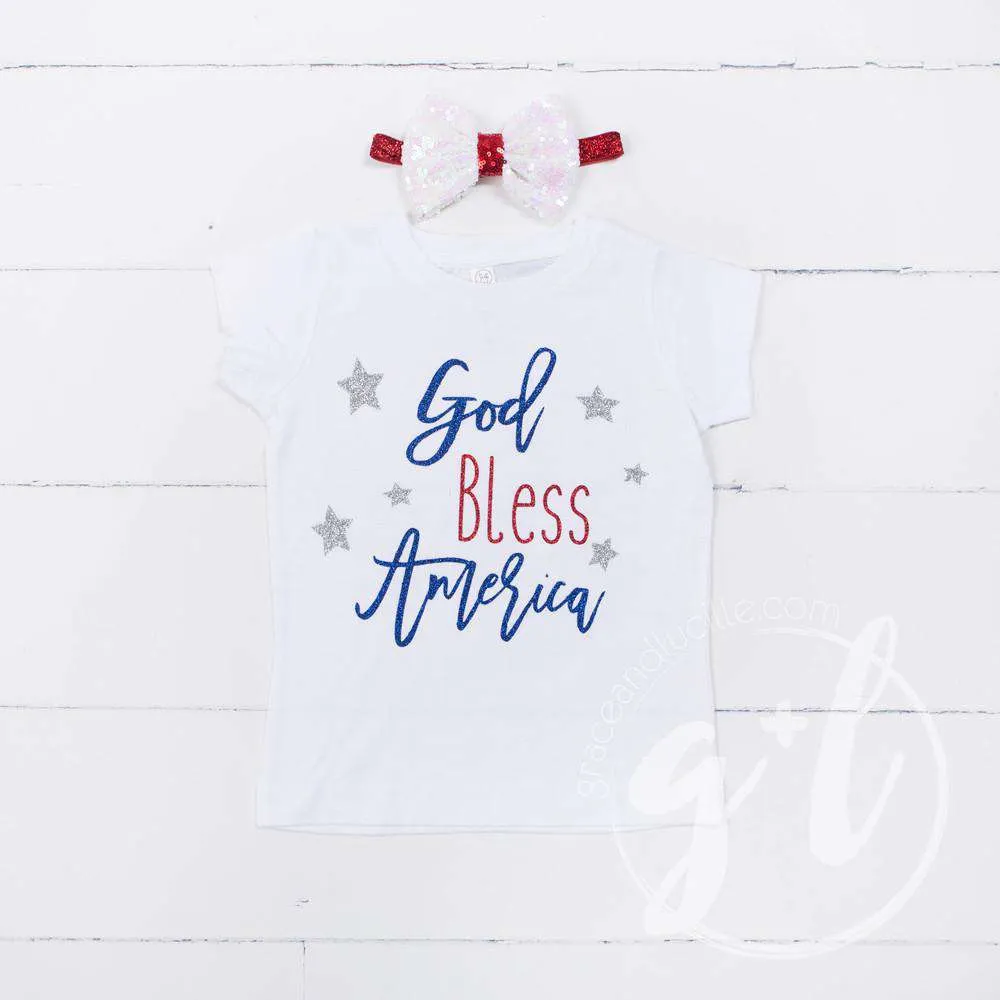 "God Bless America" 4th of July Tee Shirt Outfit &  White Sequin Bow on Red Two-in-One Headband/Belt