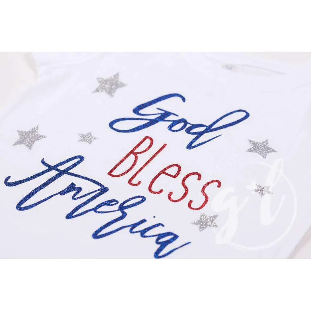 "God Bless America" 4th of July Tee Shirt Outfit &  White Sequin Bow on Red Two-in-One Headband/Belt