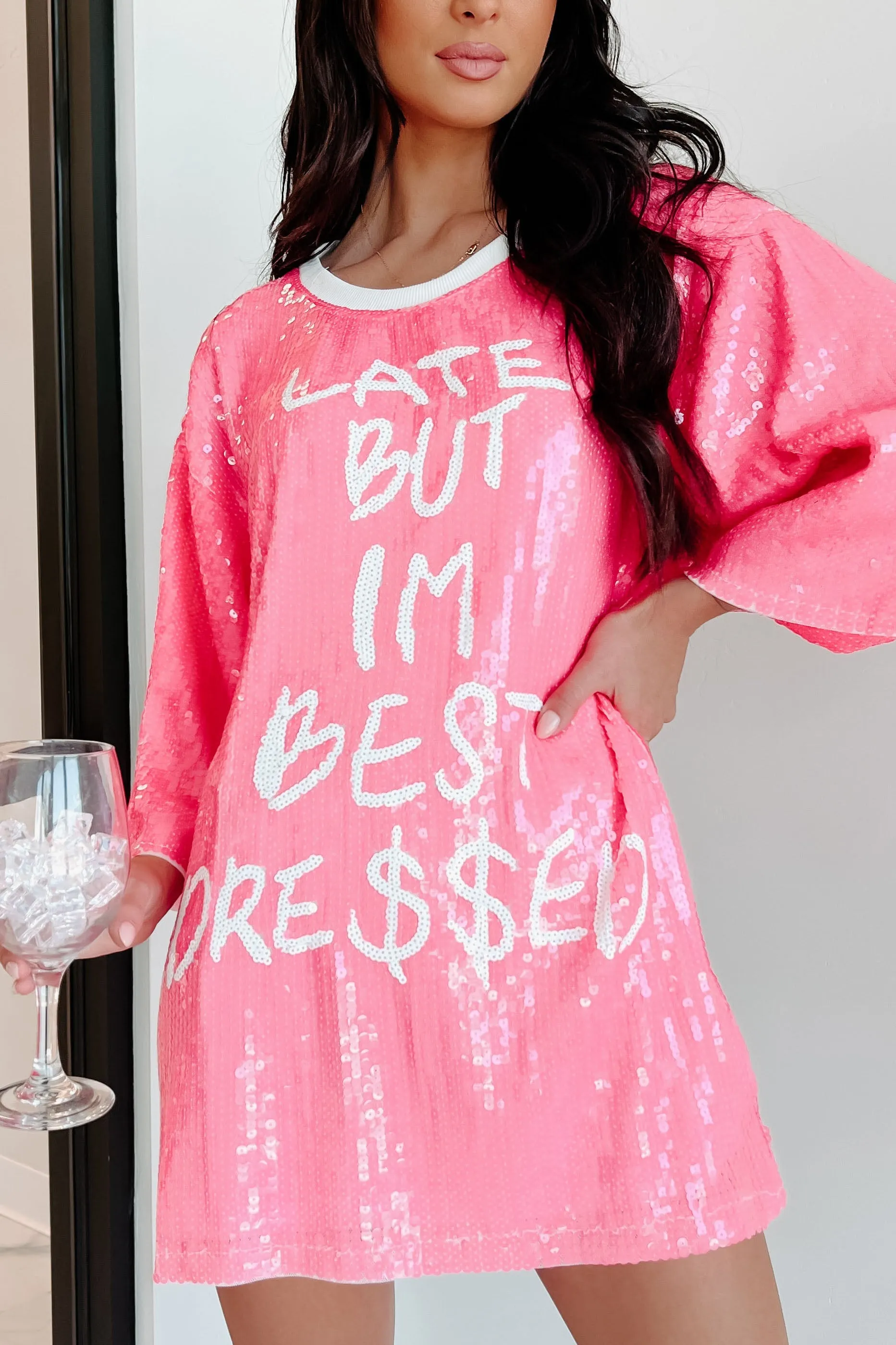 "Late But I'm Best Dressed" Sequin T-Shirt Dress (Pink)