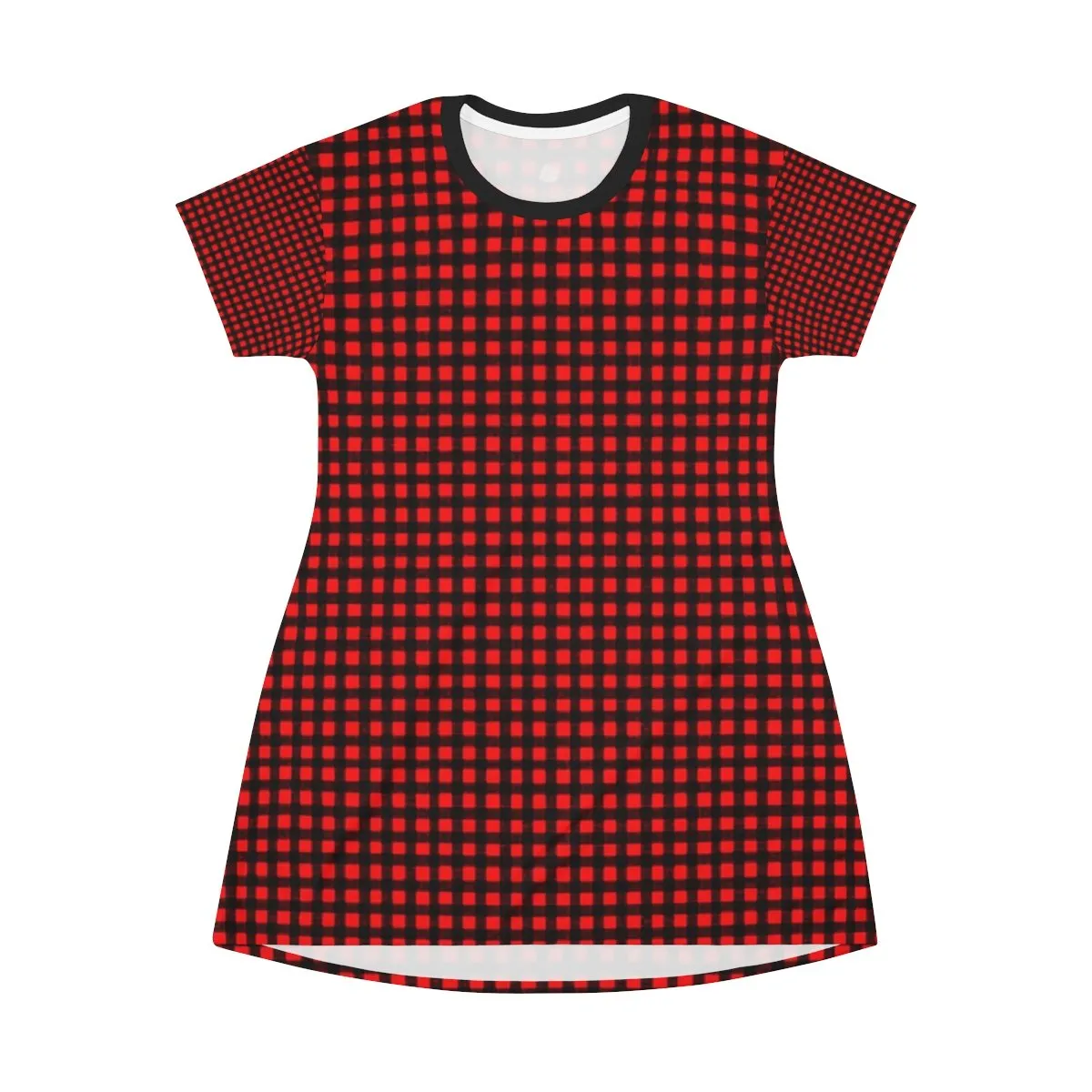 Red Buffalo T-Shirt Dress, Black Red Plaid Print Crew Neck T-shirt Dress - Made in USA