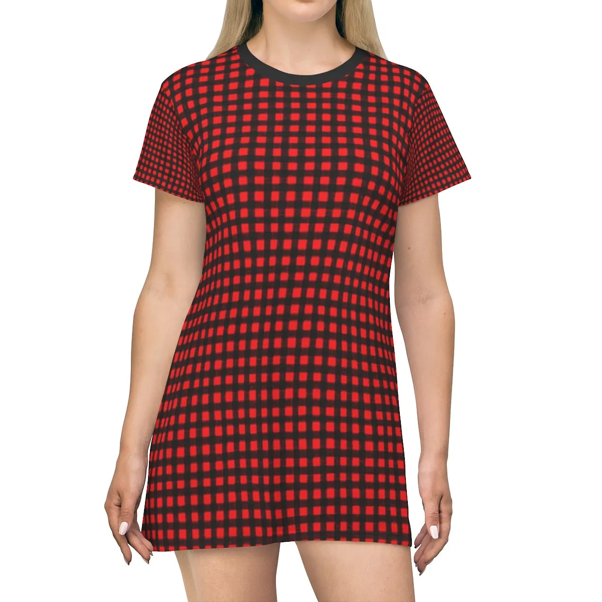 Red Buffalo T-Shirt Dress, Black Red Plaid Print Crew Neck T-shirt Dress - Made in USA