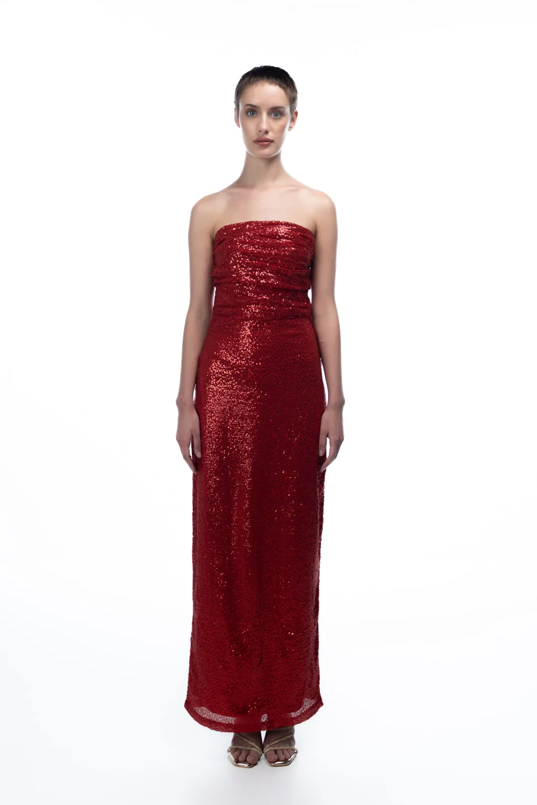 RED SEQUIN STRAPLESS 
DRESS