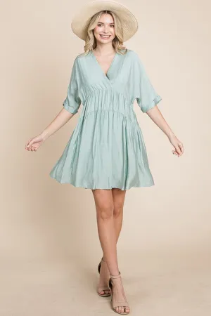 Sage Tiered Dolman Sleeve V neck Babydoll Dress