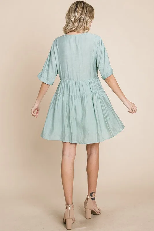 Sage Tiered Dolman Sleeve V neck Babydoll Dress