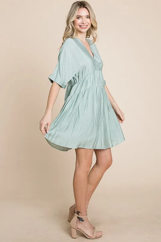 Sage Tiered Dolman Sleeve V neck Babydoll Dress