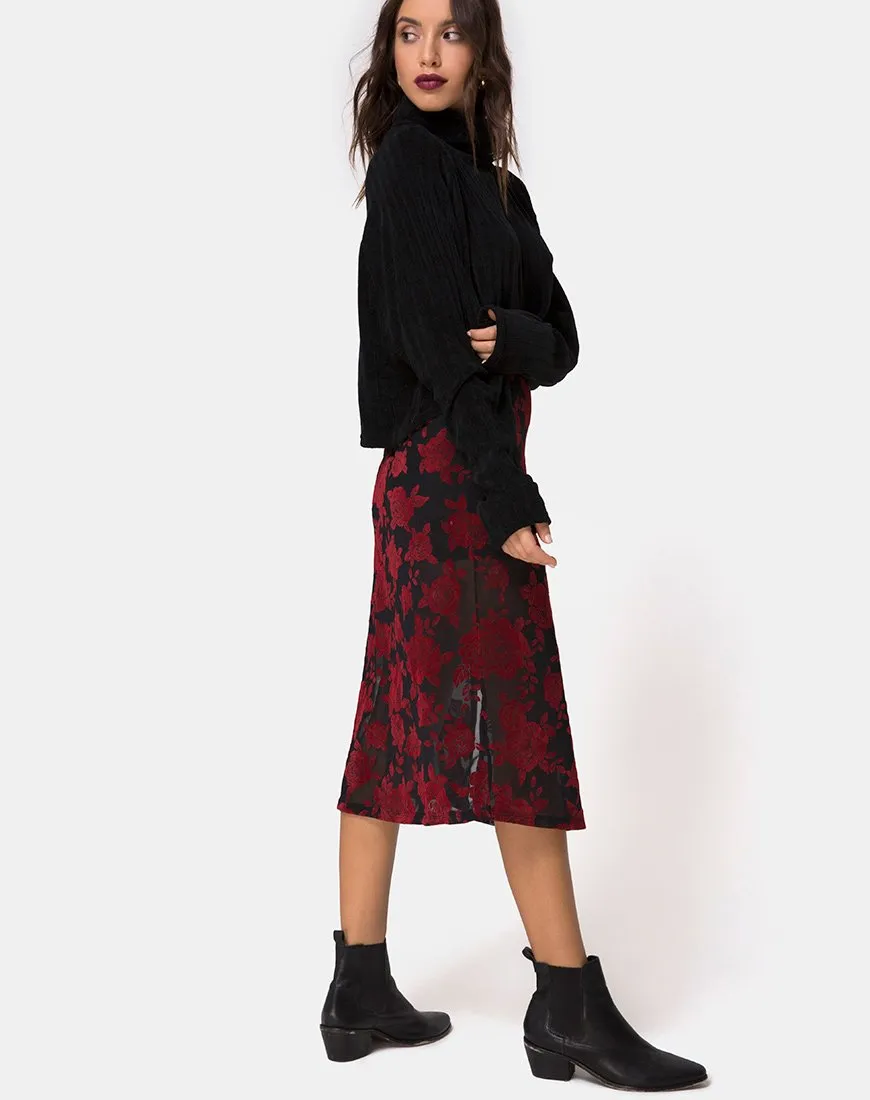 Saika Midi Skirt in Romantic Red Rose Flock