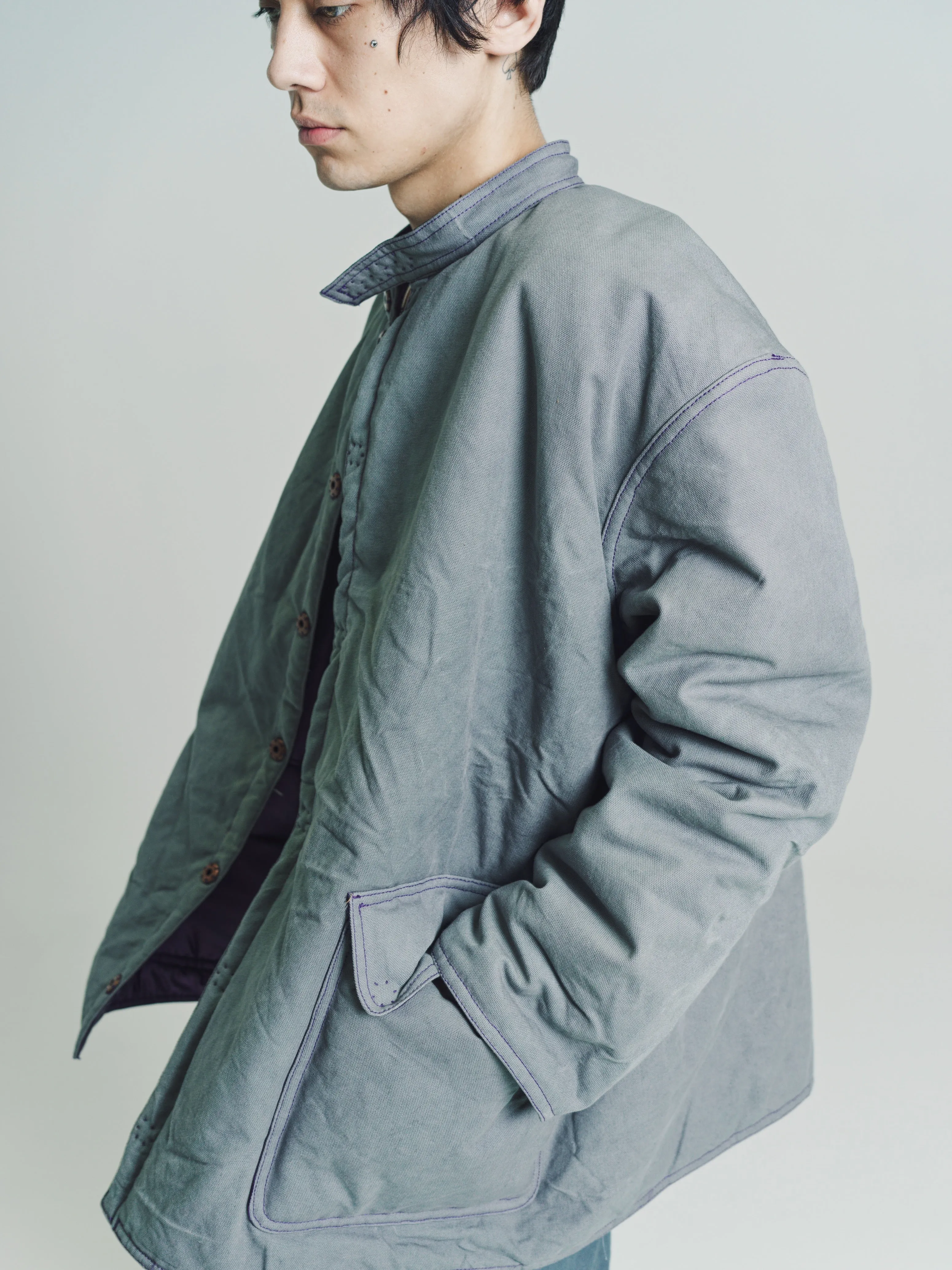 Stand Collar Puffy Coat in Hand Dyed Canvas & Nylon