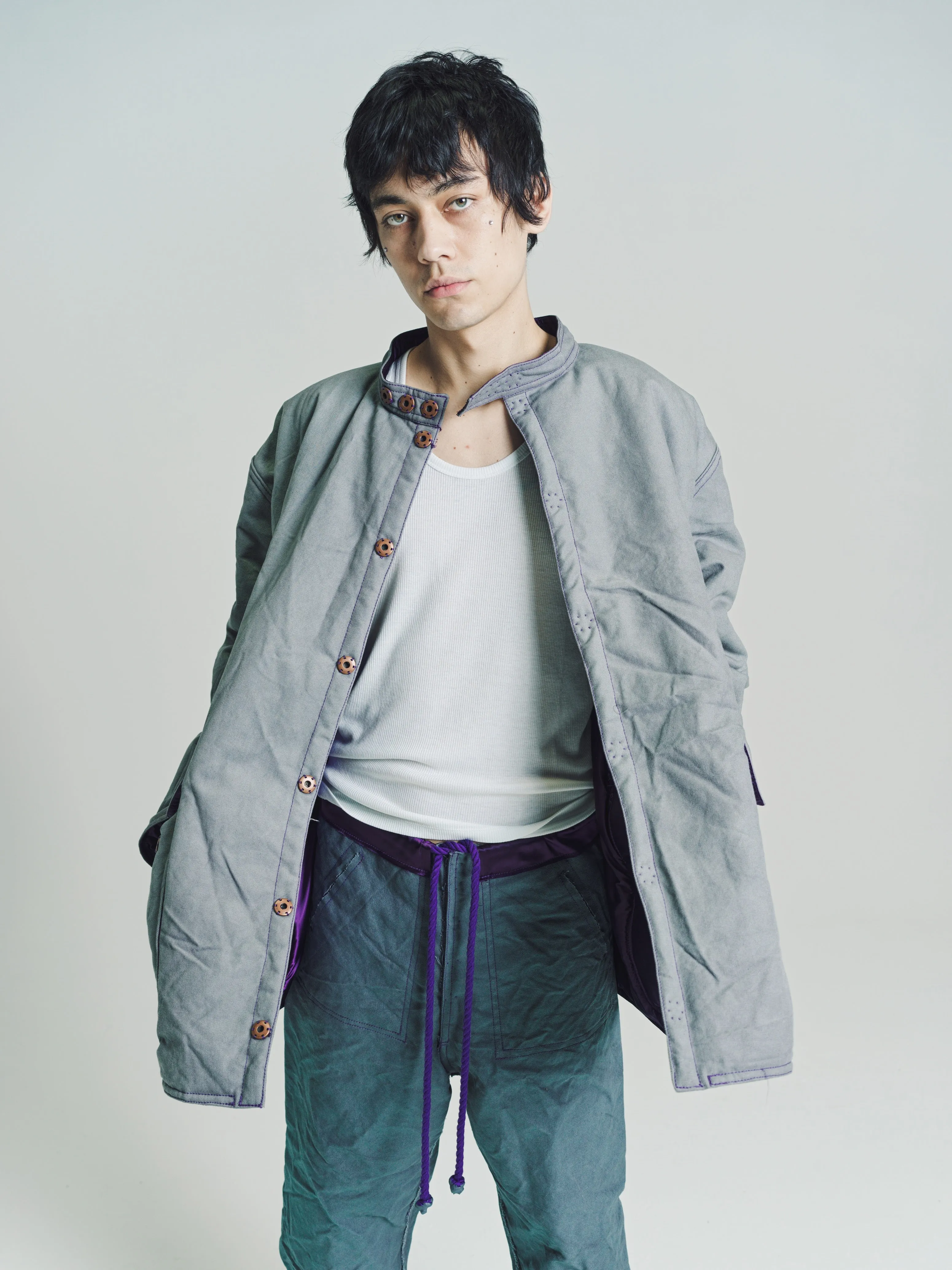 Stand Collar Puffy Coat in Hand Dyed Canvas & Nylon