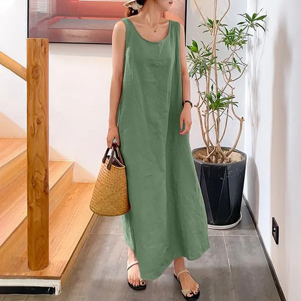 Summer New Cotton and Hemp Simple Style Loose Pocket Round Neck Style Sleeveless Long Sling Dress