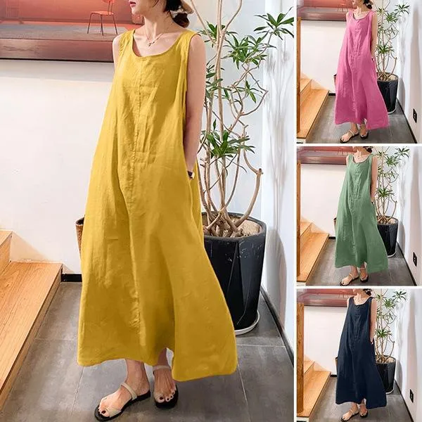 Summer New Cotton and Hemp Simple Style Loose Pocket Round Neck Style Sleeveless Long Sling Dress