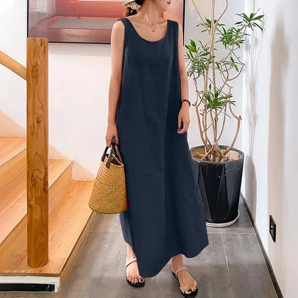 Summer New Cotton and Hemp Simple Style Loose Pocket Round Neck Style Sleeveless Long Sling Dress