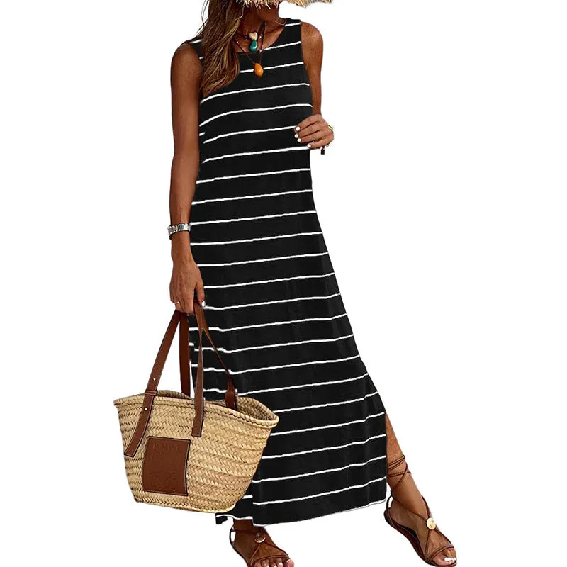 Summer Striped Print Sleeveless High Waist Slim Fit Casual Maxi Dress