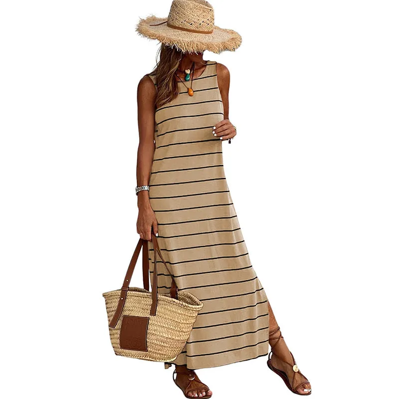 Summer Striped Print Sleeveless High Waist Slim Fit Casual Maxi Dress