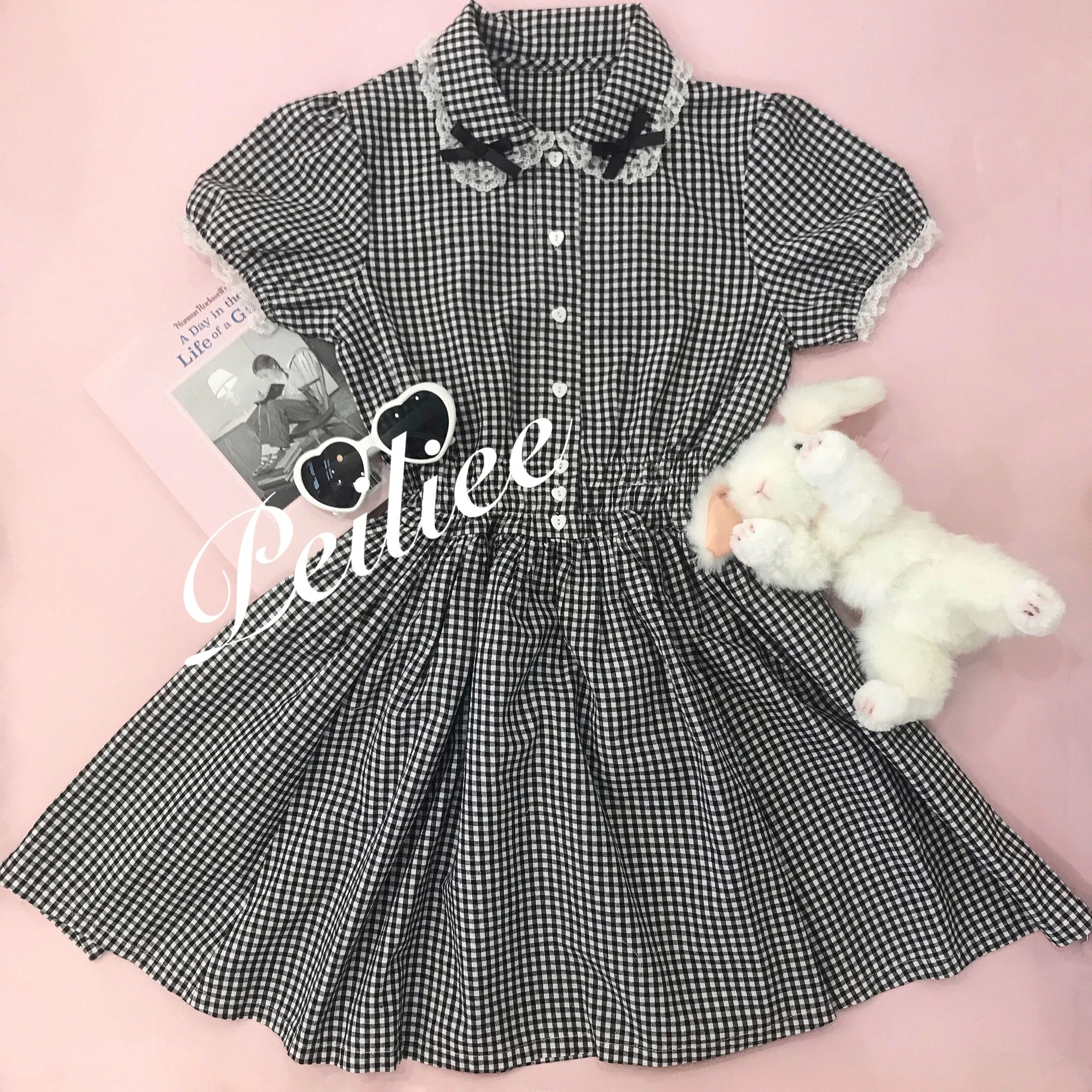 Sweden Warehouse [By Peiliee] Afternoon Tea At Tiffany Gingham Babydoll Mini Dress Lolita 1997 style