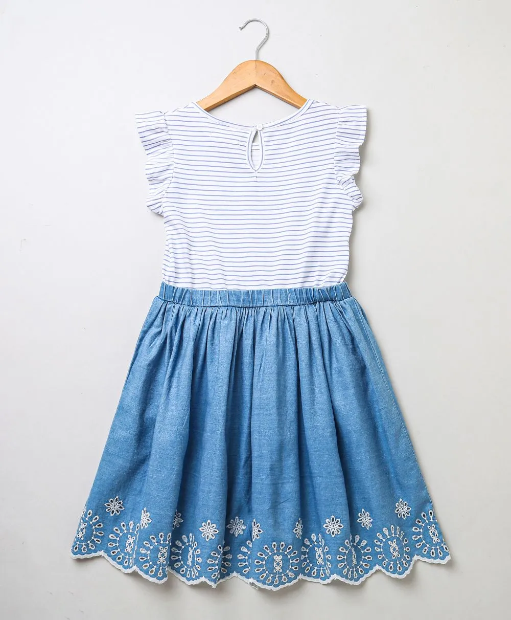 Sweetlime By As pretty broderie skirt and frill sleeve jersey mix media dress - White Blue