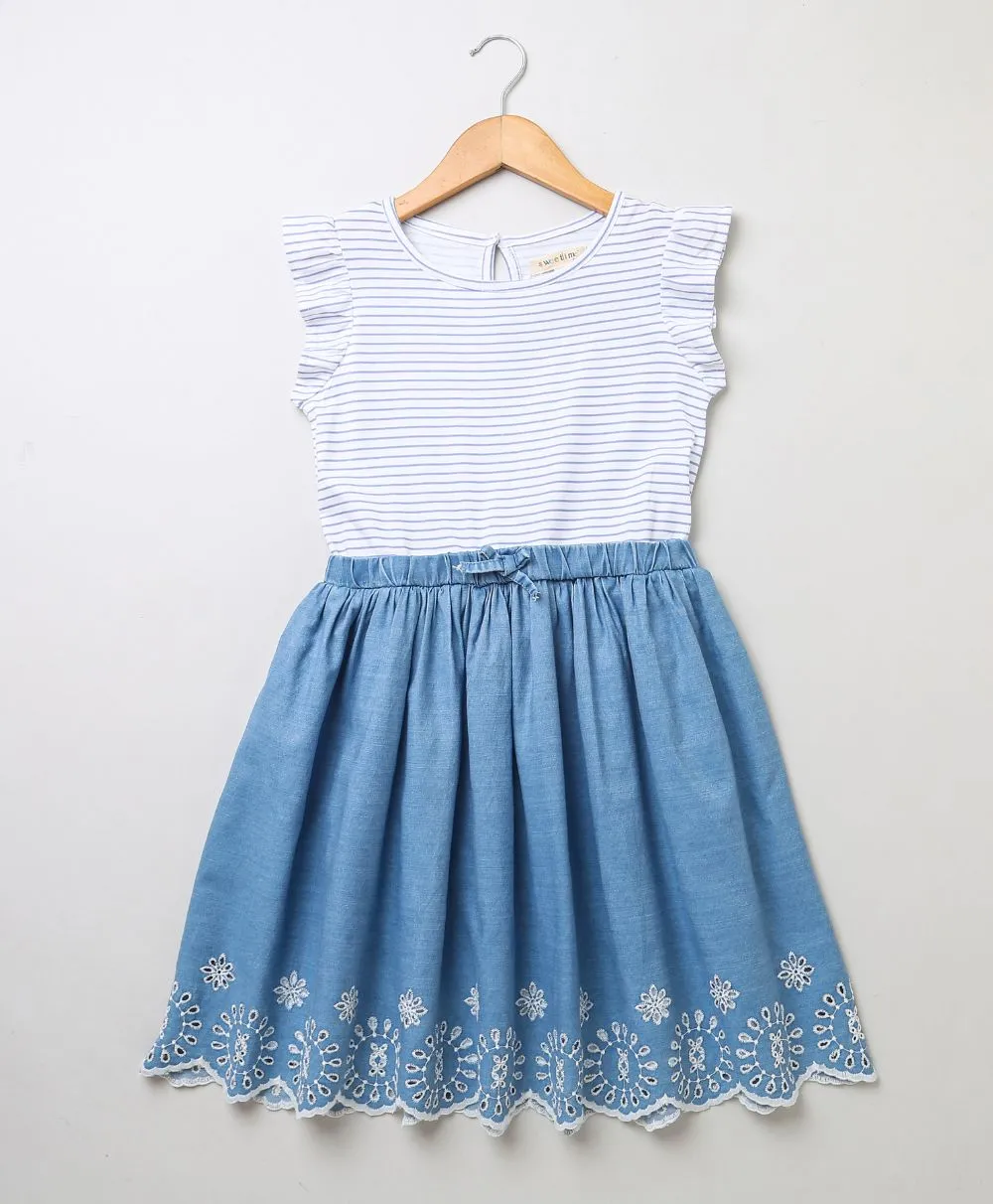 Sweetlime By As pretty broderie skirt and frill sleeve jersey mix media dress - White Blue