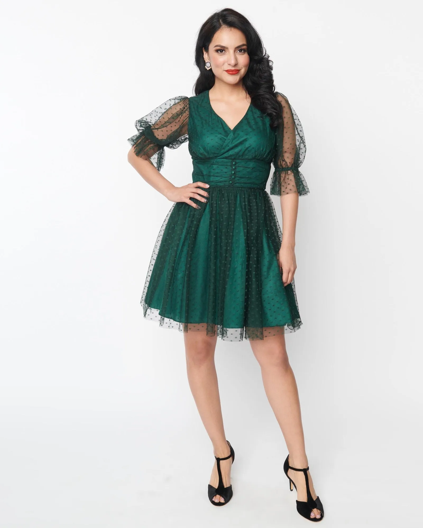 Unique Vintage Emerald Clip Dot Shirred Babydoll Dress | Green/Clipdot