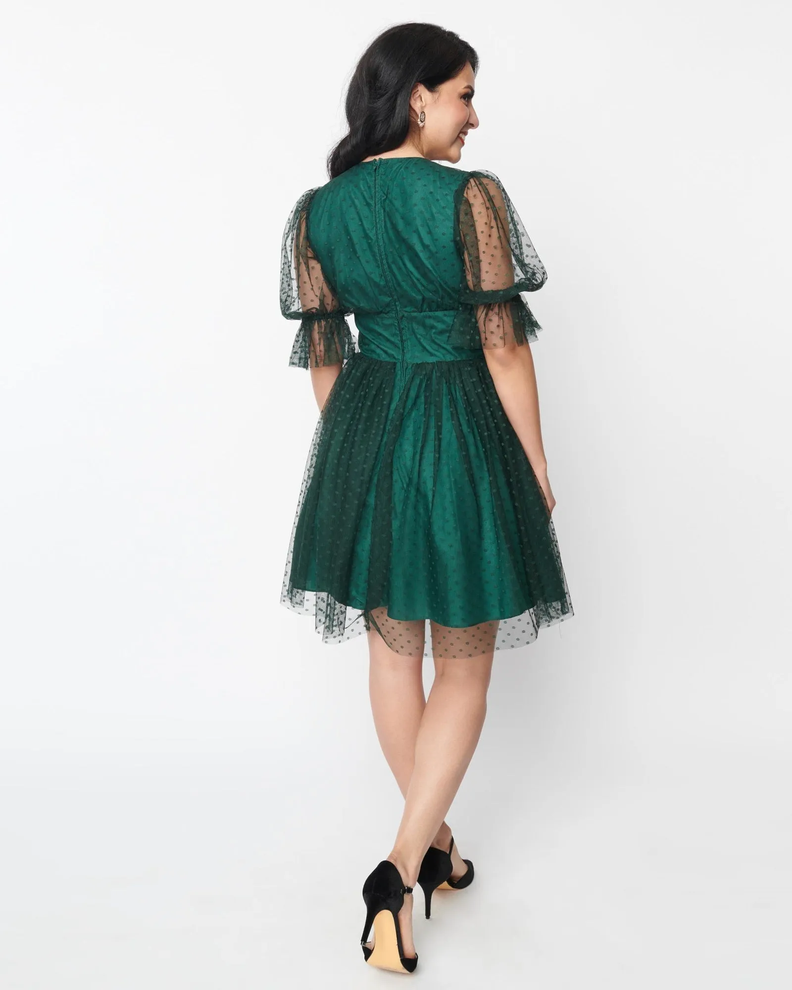 Unique Vintage Emerald Clip Dot Shirred Babydoll Dress | Green/Clipdot