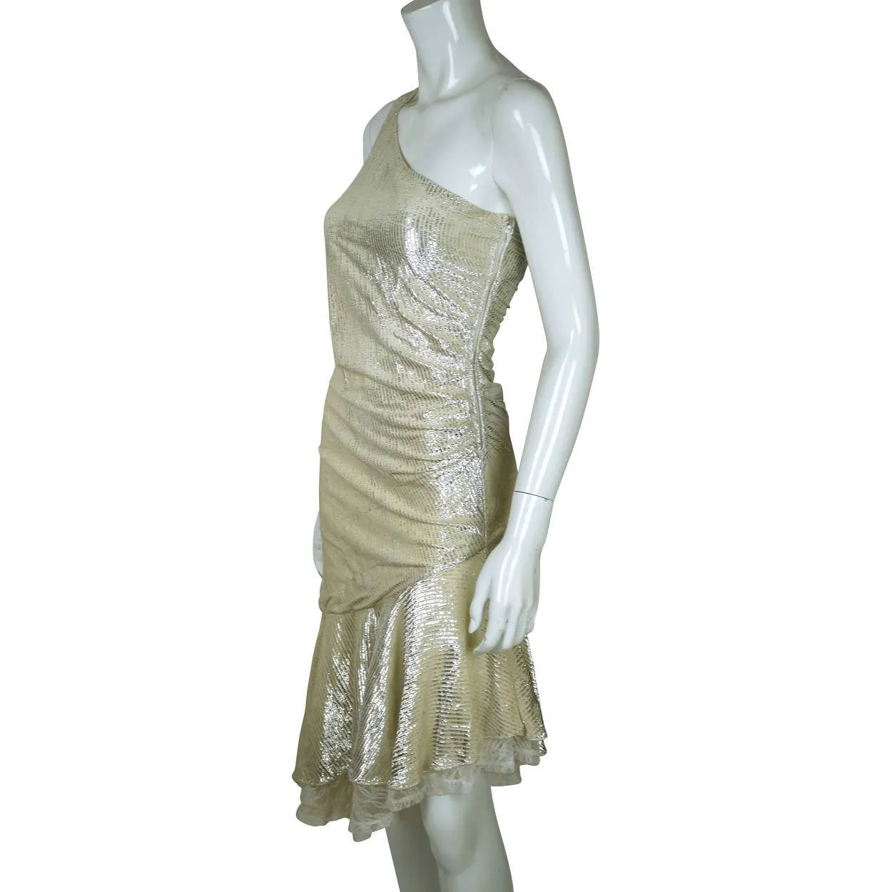 Vintage 1970s Disco Party Dress Silver Metallic Lamé One Shoulder Size Small