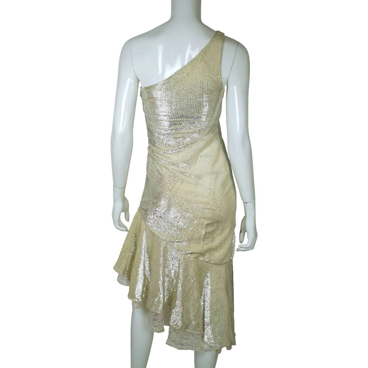 Vintage 1970s Disco Party Dress Silver Metallic Lamé One Shoulder Size Small