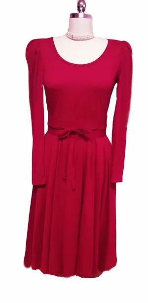 *VINTAGE 60s / 70s VICKY VAUGHN SCARLET FULL SKIRT JERSEY-LIKE DRESS WITH CUMMBERBUND