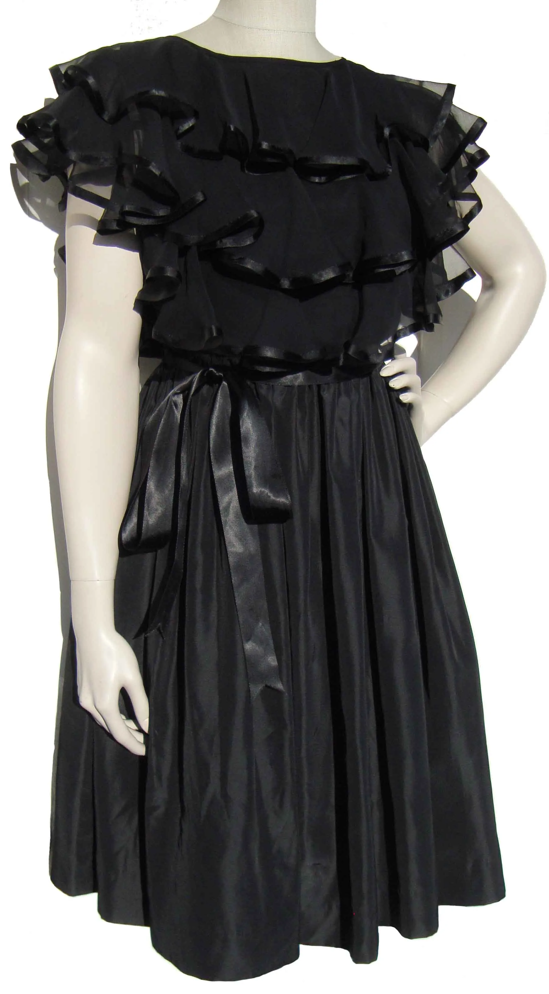 Vintage 60s Cocktail Dress Black Taffeta Chiffon LBD - S