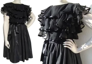 Vintage 60s Cocktail Dress Black Taffeta Chiffon LBD - S