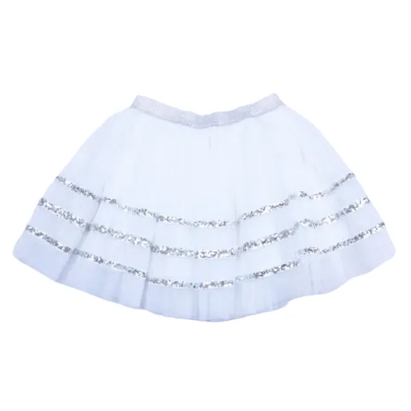 White/Silver Band Tulle Skirt W/ Sequin Trims