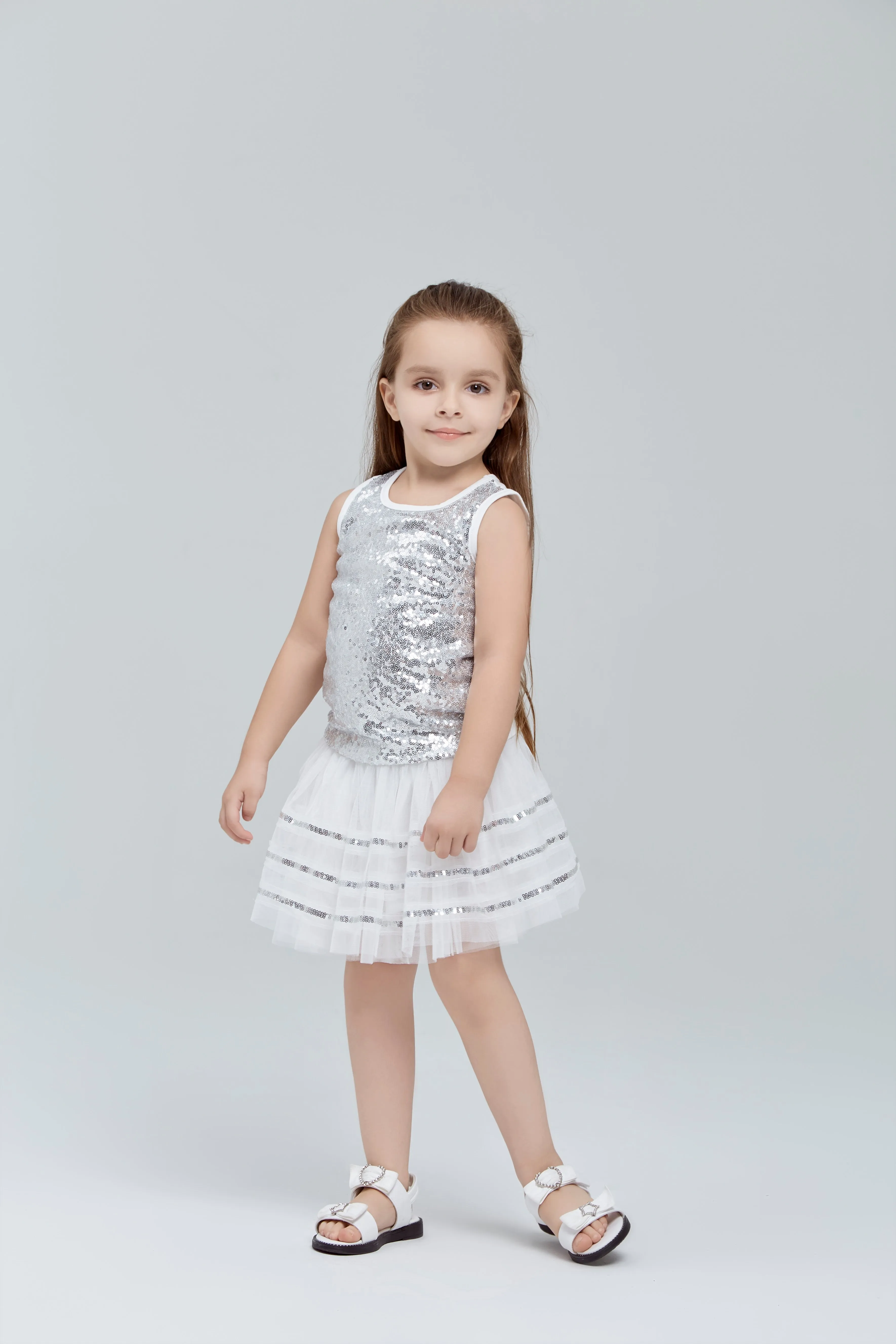 White/Silver Band Tulle Skirt W/ Sequin Trims