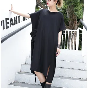 women black cotton dress plus size clothing big pockets cotton gown Elegant side open kaftans