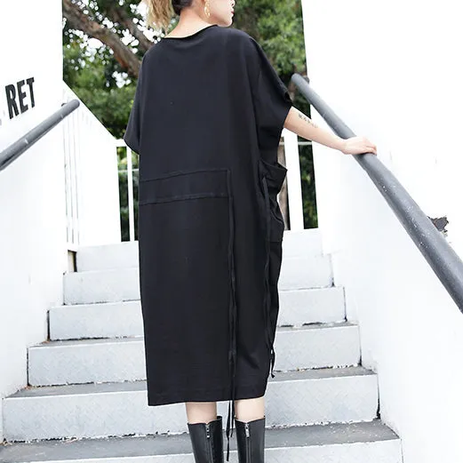 women black cotton dress plus size clothing big pockets cotton gown Elegant side open kaftans